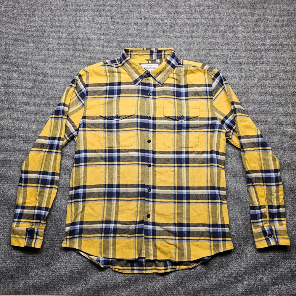 American Eagle Mens Large Yellow Navy Blue Plaid Flannel Button Down Shirt L